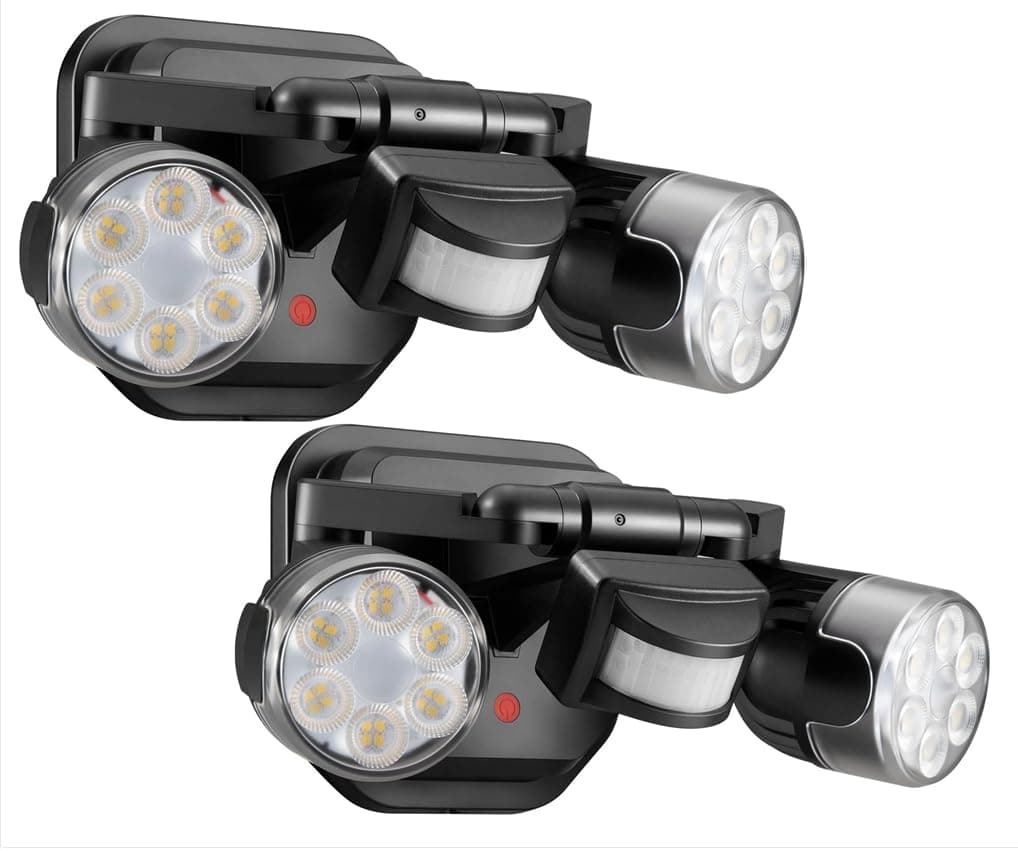 OREiN Motion Sensor Outdoor Security Lights, Dual-Head Adjustable LED Flood Lights, 3 Modes (Motion/Manual/Dusk to Dawn), 150W Equivalent, 5000K, IP65 Waterproof, Hardwired, Black (2 Pack)