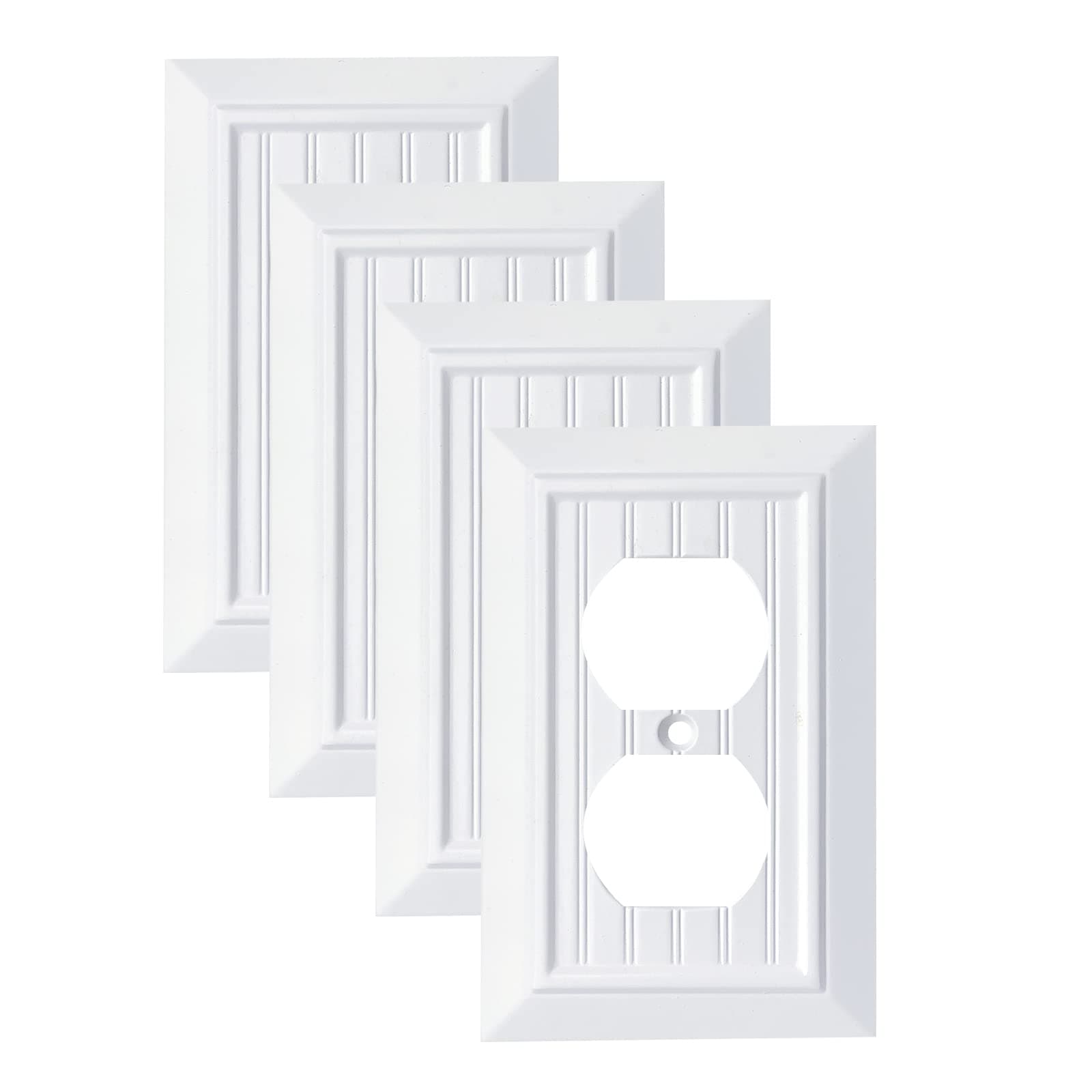 Pure White Classic Beadboard Wall Plates,Light Switch Covers,Electrical Outlet Covers, Switch Plates of Various Combination, Nature Bamboo Fiber Wall plate (1 Gang Duplex 4 Pack)