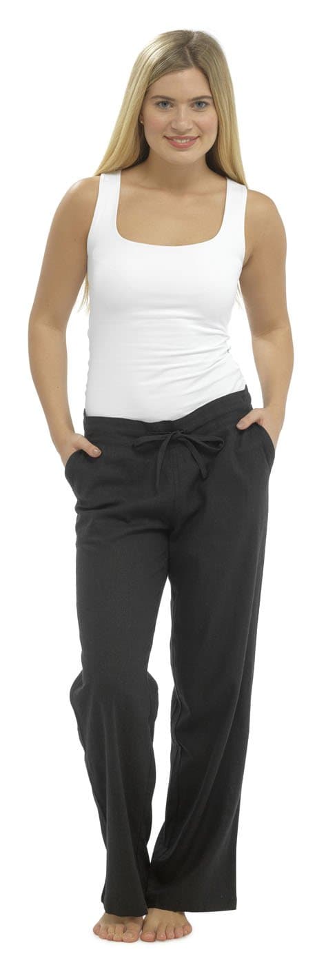 Womens Solid Colour Elasticated Waist Linen Trouser Bottoms Pants Black 16