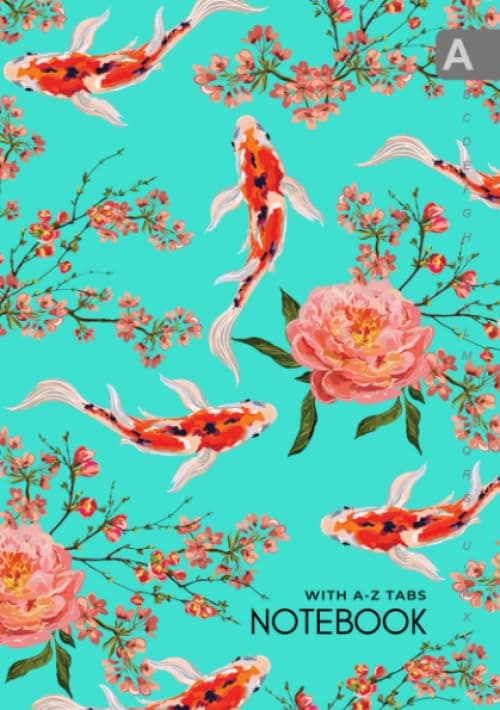 Notebook with A-Z Tabs: A5 Lined-Journal Organizer Medium with Alphabetical Tabs Printed | Koi Fish Flower Japanese Design Turquoise