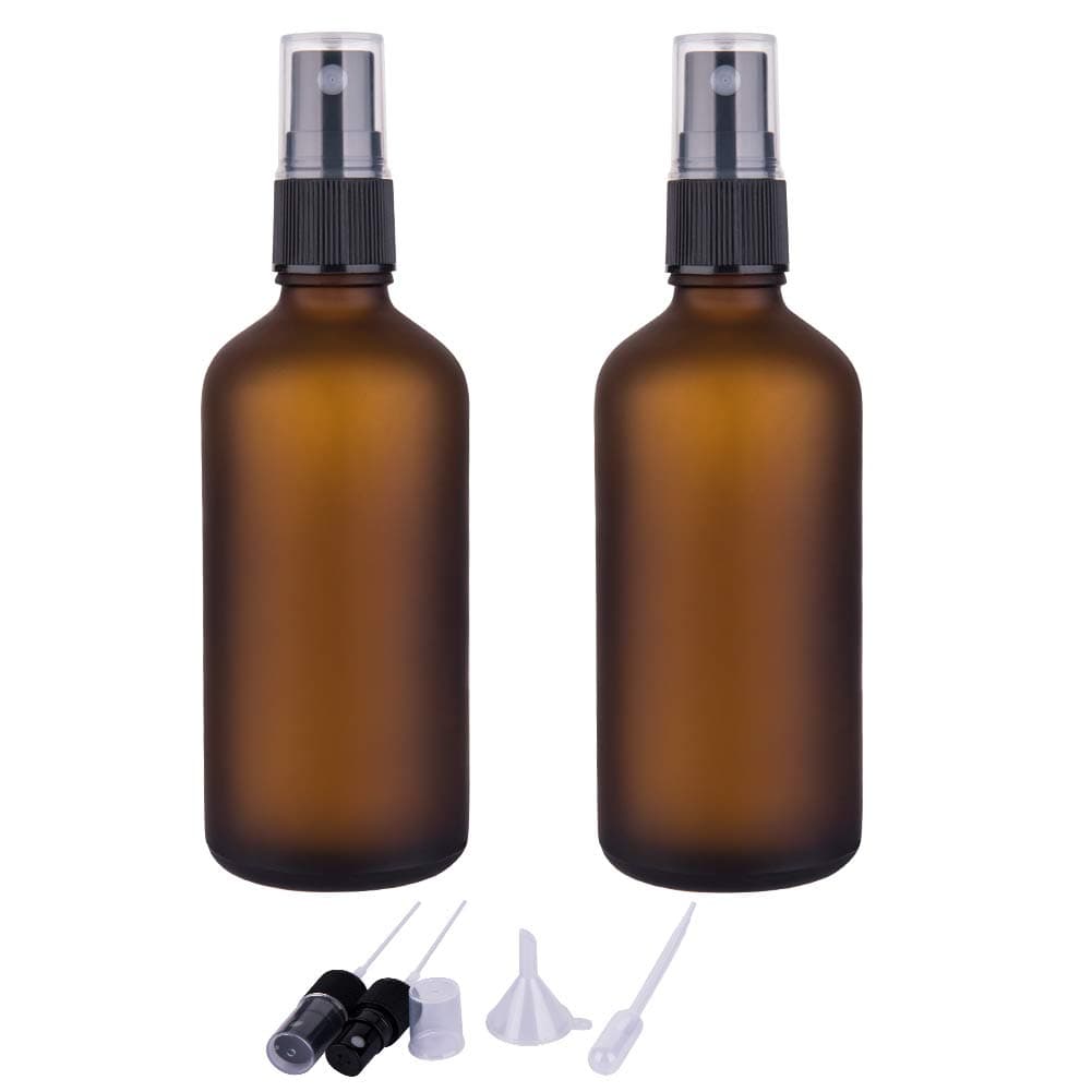 Small Fine Mist Glass Spray Bottles For Essential Oils, Empty Frosted Amber Glass Spray Bottle (3.4oz, Set of 2)