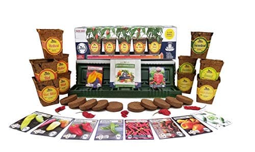 Windowsill Pepper Garden Seed Starter Kit - Pepper Planter Complete w/ 10 Varieties of Non-GMO Heirloom Pepper Seeds, Pots, Coco Coir Soil, and Drip Trays by Sustainable Seed Company