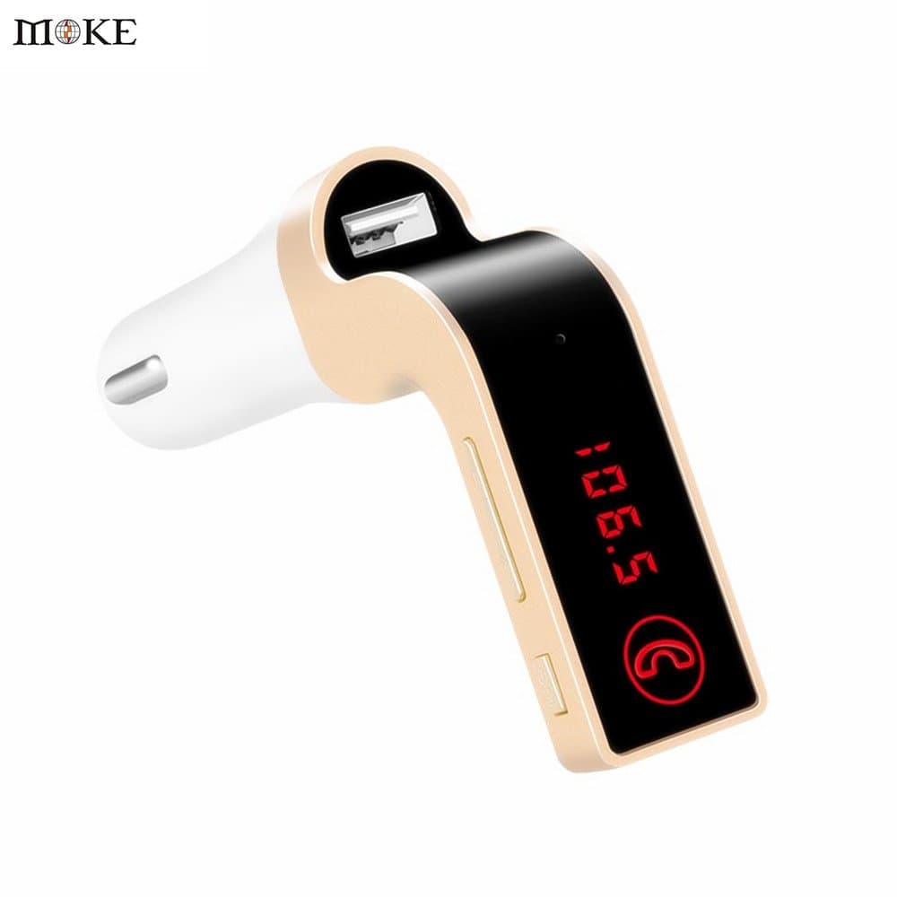 MOKE 4-in-1 Hands Free Wireless Bluetooth FM Transmitter mp3 Transmitter G7 + AUX Modulator LCD screen and sd card slot 5V 2.5A USB Direct Current port 365 days warranty(Gold)