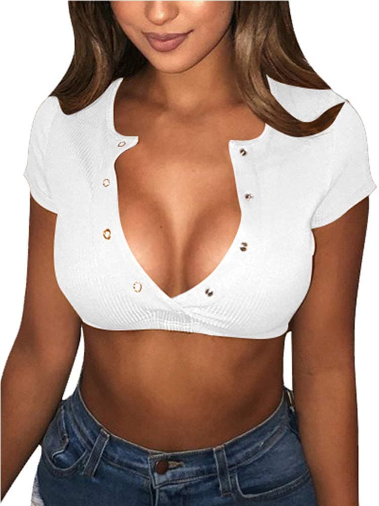 YMDUCH Women's Sexy Short Sleeve Button Knitted Ribbed Casual Basic Crop Top White, Medium