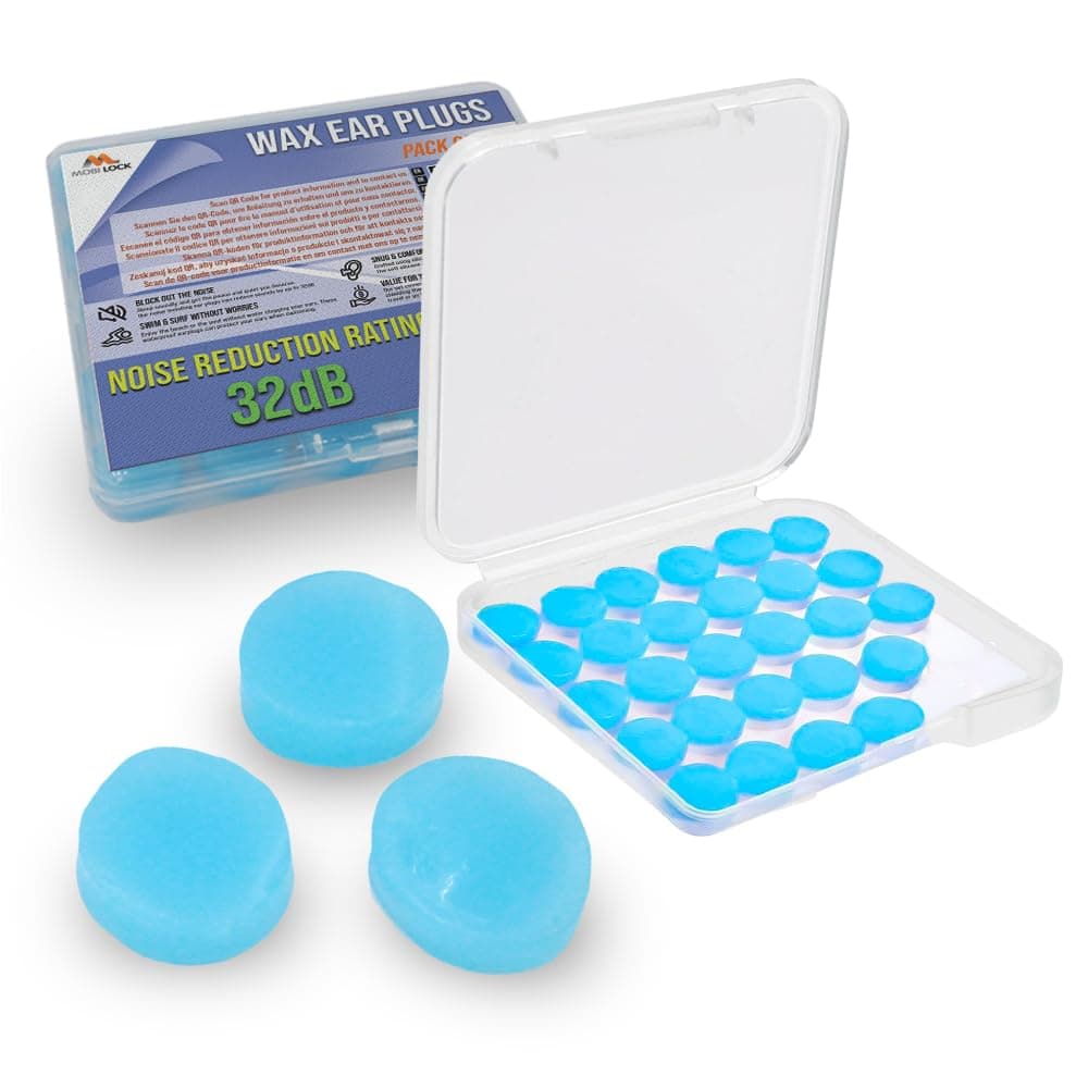 Ear Plugs - Reusable Silicone Wax Ear Plug Covers - Pack of 30-32db Noise Cancelling Earbuds for Sleeping - Hearing Protection for Travel, Concerts, Swimming - Durable Plastic Case - by Mobi Lock