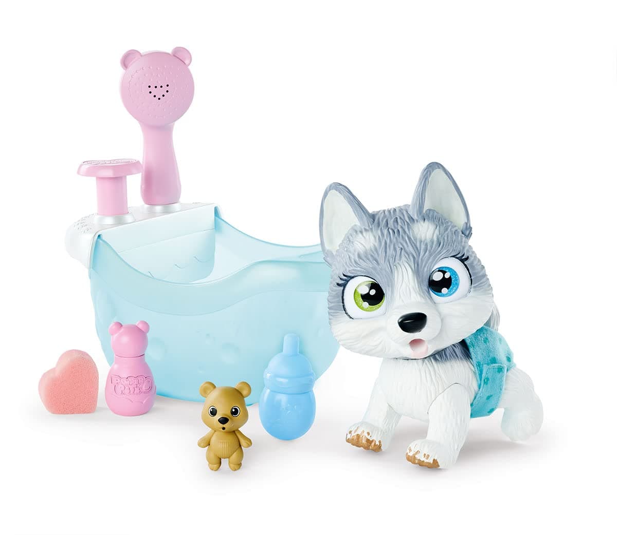 Simba Pamper Petz Husky 105953560 with Bathtub, with Pump Function, Drinking Bottle, Foam Bottle, Water Syringe, 25 cm Toy Dog, from 3 Years