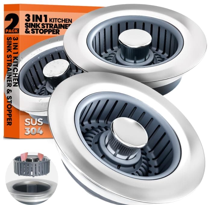 2 Pack 3-in-1 Kitchen Sink Strainer & Sink Stopper Upgraded Stainless Steel Drain Plug with Anti-Clog Basket Drain Stopper Combo, Pop Up Sink Stopper for Standard 3-1/2'' Drain