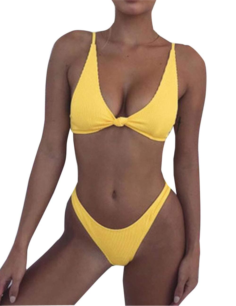 Women Tie Knot Swimsuit Solid Bathing Suits Thong Bikini Set Push up Padded Swimwear