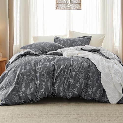 Bedsure California King Comforter Set - Dark Grey Bed Set, 3 Pieces Cute Floral Bedding, 1 Soft Reversible Botanical Flowers Comforter and 2 Pillow Shams