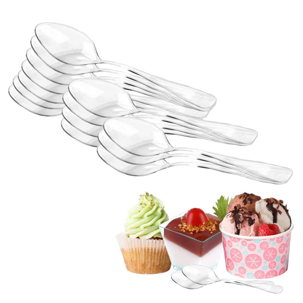 YINVA 100 Pack Mini Clear Plastic Spoons (3.74"/9.5Cm Long) Heavy Duty Plastic Small Dessert Spoons Reusable Dessert Spoons for Dessert Pudding Mousse Party