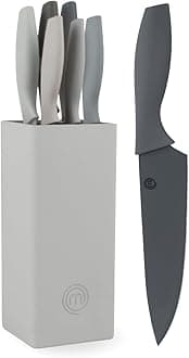 Knife Block Set of 6 Kitchen Knives, Extra Sharp Stainless Steel Blades for Professional Cutting with Non Stick Coating & Soft Touch Easy Grip Handles in a Universal Holder, Earth Greys