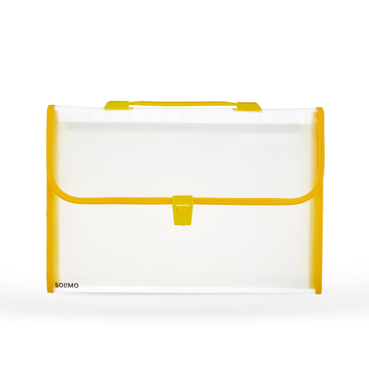 Amazon Brand - Solimo Solimo Transparent Expanding File Folder with 13 Pockets, Handle, and Buckle Closure, for A4 Size Documents (Yellow)