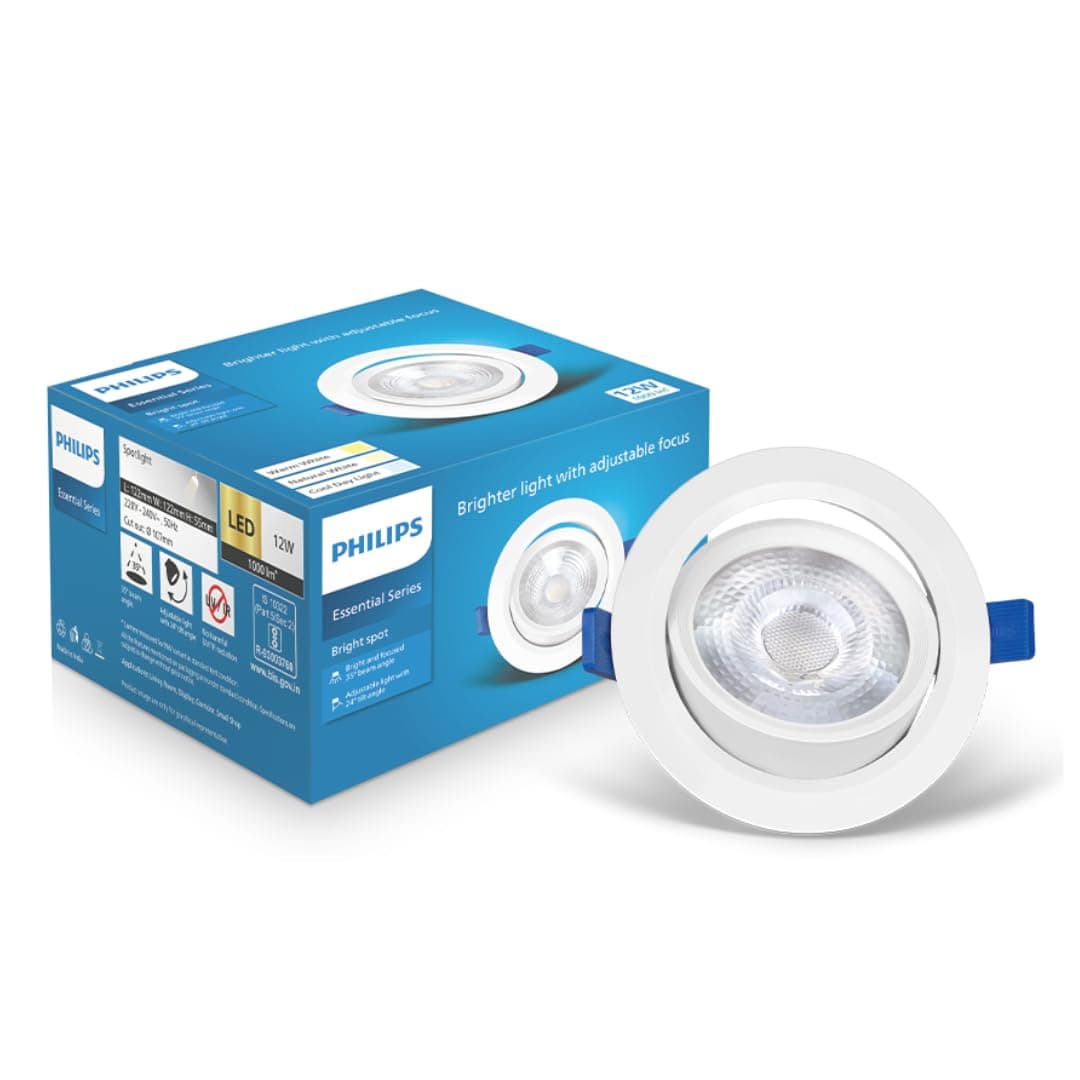 Philips polycarbonate 12 Watt White LED Ceiling COB Round Spot Light with Adjustable Tilt|Cut out: 107mm|Cool Day Light, Pack of 1 (Bright Spot)