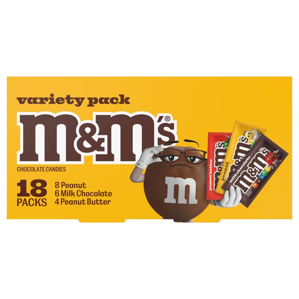 M&M'S Milk Chocolate Candy, Variety Pack, Full Size, Pack of 18 Bulk Candy Chocolate