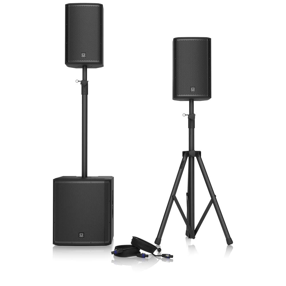 Turbosound iNSPIRE iP12 BUNDLE 1000 Watt Powered PA Bundle including iP12B Subwoofer with 2 x iP82 Loudspeakers, Digital Mixer, Speaker Stands and Cables, and Klark Teknik Spatial Sound Technology
