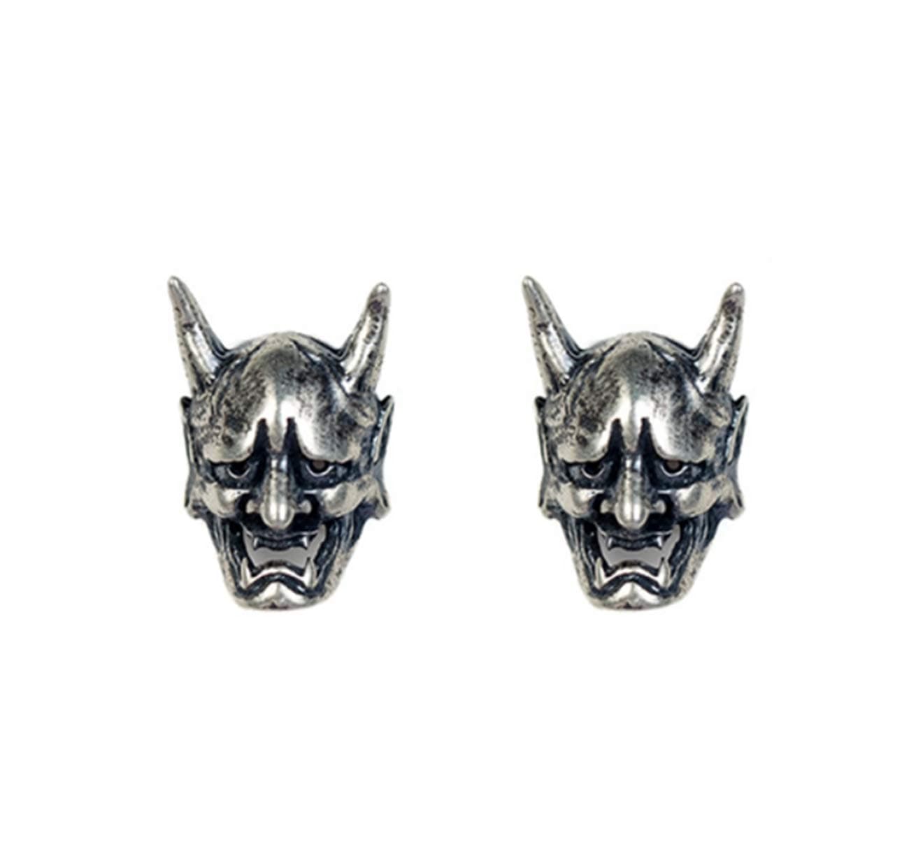 Evil Hannya BUDDHIST Mask Earring Ear Stud Hip-Hop Dark Punk 925 Sterling Silver 2 Piece