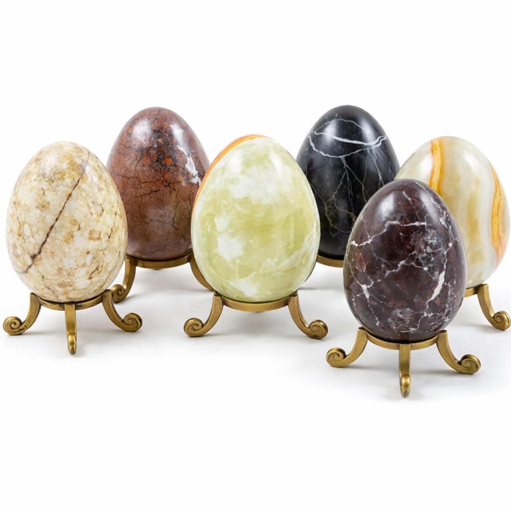 Set of 6 Himalayan Marble Eggs with Stands – Natural Stone Decorative Easter Eggs – Hand Polished Marble Ornament Set