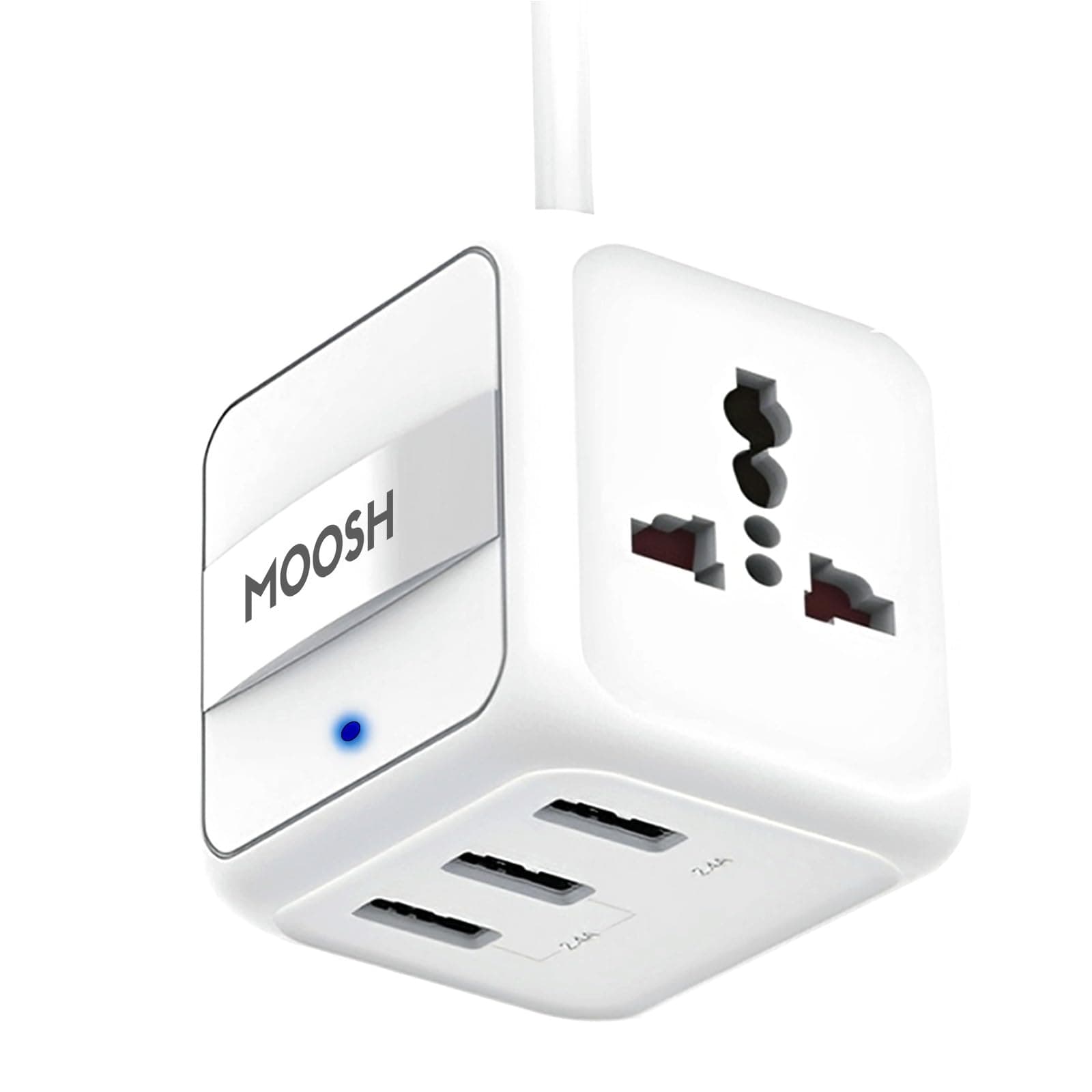 MOOSH USB Charger Multi Port Desktop Charging Station 24W Cube with Dual Universal Power Socket for US, EU, UK Plug Plus 3 USB Ports 4.8A Home Charger 1.5M Cable India Pin Smart Charger (White)