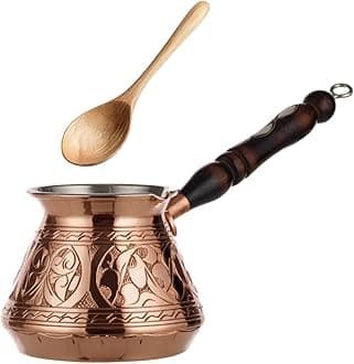DEMMEX Thickest Copper Turkish Greek Arabic Coffee Pot, Stovetop Coffee Maker, Cezve Ibrik Briki with Wooden Handle & Spoon, Hand Engraved