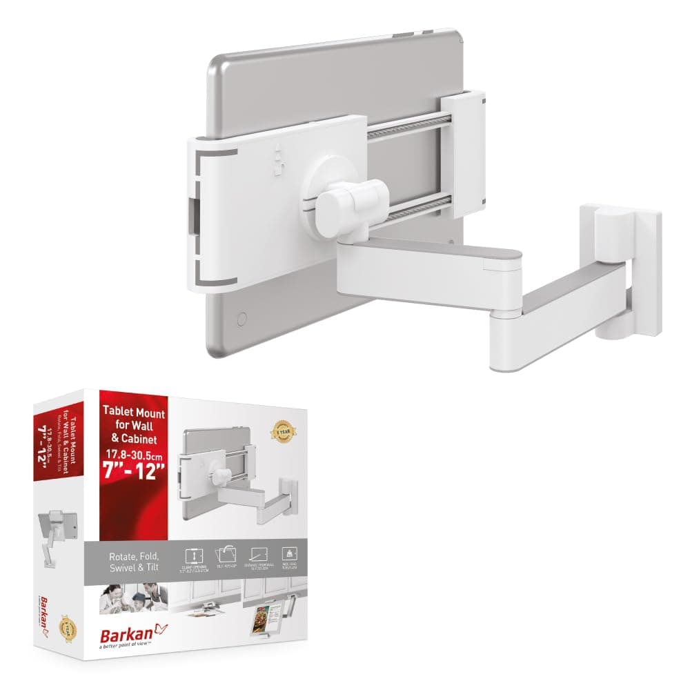 7-12 inch Full Motion - 4 Movement Tablet Mount for Wall & Cabinet 3 lbs White Firm Tablet Clamp 360 Degree Rotation