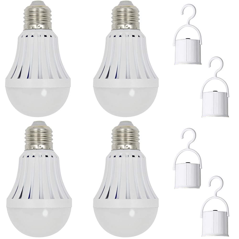 4 Acuvar 5W LED Emergency Light Bulbs with Built in Self-Rechargeable Battery for Power Outage, Home, Camping, Trail Hiking and Car Maintenance + 4 Hook Switches