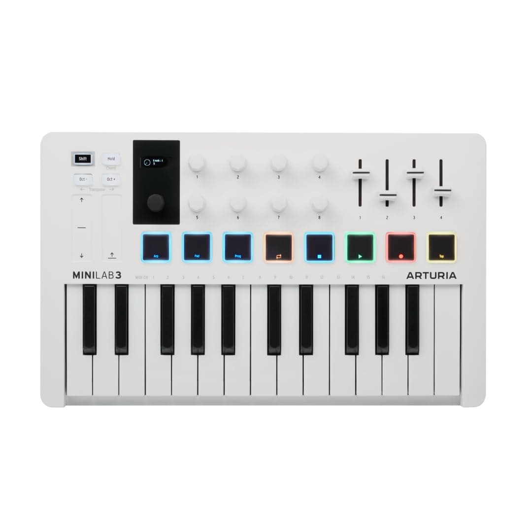 MiniLab 3 - Universal MIDI Controller for Music Production, with All-in-One Software Package - 25 Keys, 8 Multi-Color Pads. - White