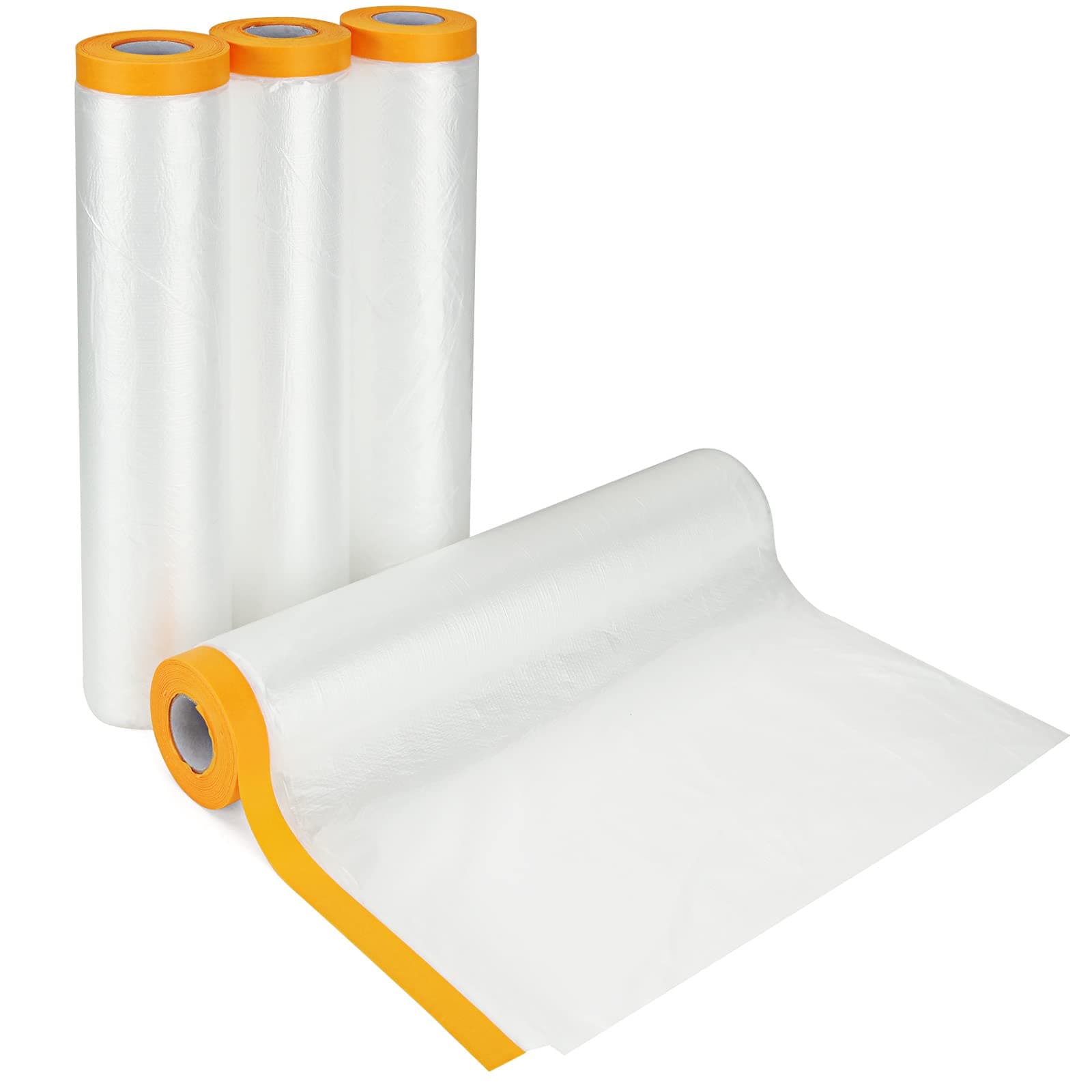 YAYODS 4 Pack Plastic Dust Sheet Rolls, 2.4M x 20M Masking Film Rolls with Self-Adhesive Tape, Transparent Pre-Taped Masking Film for Painting Decorating Covering