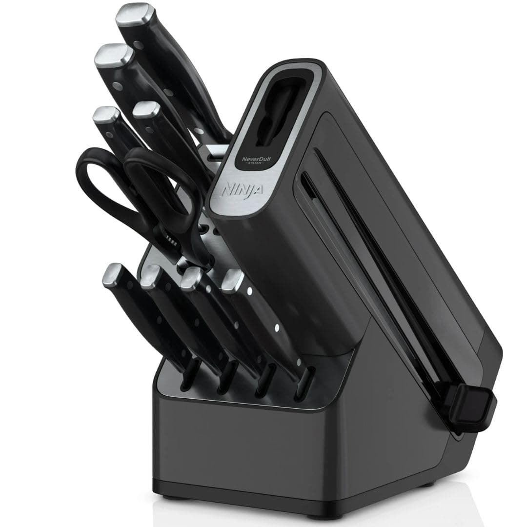 Ninja Foodi NeverDull 10-Piece Essential Knife System with Sharpener, Stainless Steel, K12010, Compact, Black