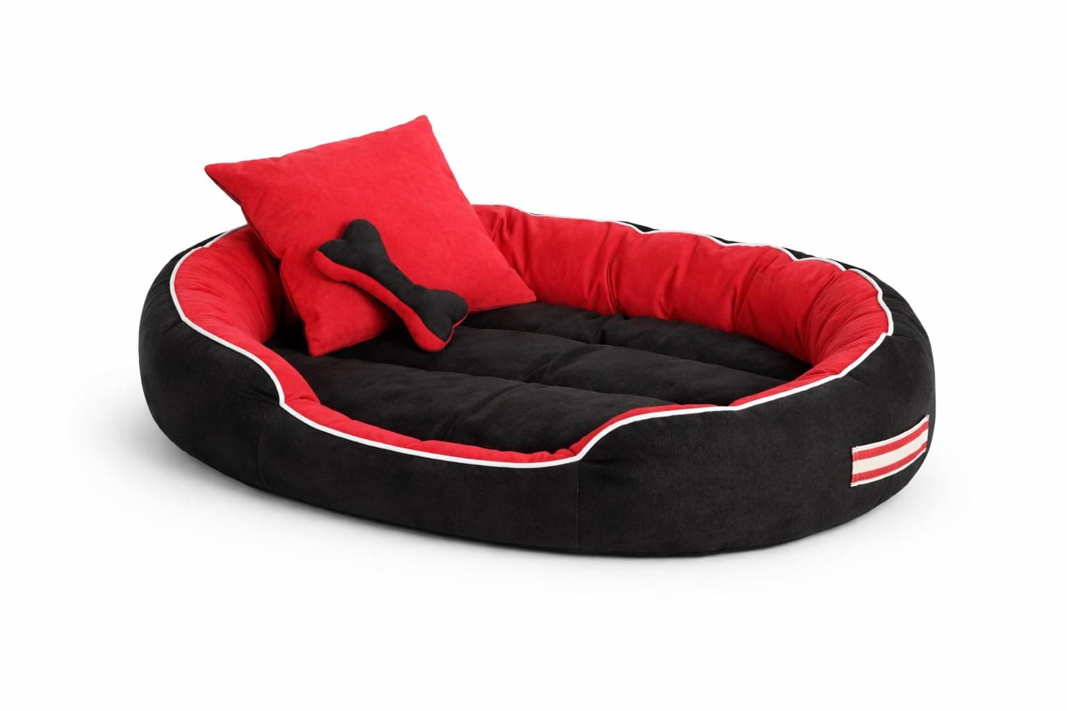 Premium Reversible Oval Dog Bed – XXXL – Washable Anti-Skid Pet Bed with Toy Pillows, Soft Polyester Dog Cushion – Red & Black (106L x 81W x 22H Cm)