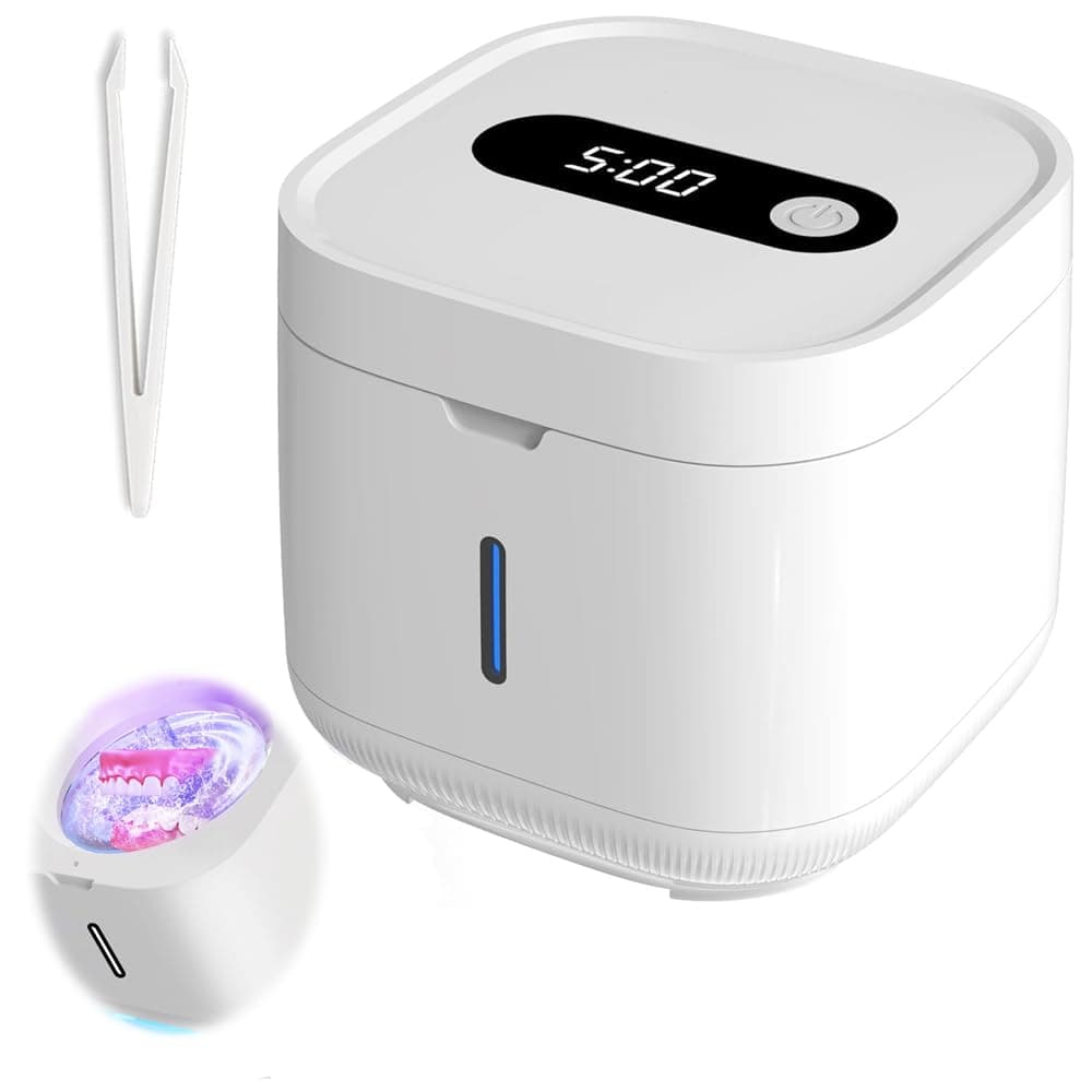 Denture Cleaning Machine, Azonee Retainer Cleaner Machine, Dentures Aligner Mouth Guard 42KHz 300ML Portable Professional Jewelry Cleaning Machine for All Dental Appliances (White)