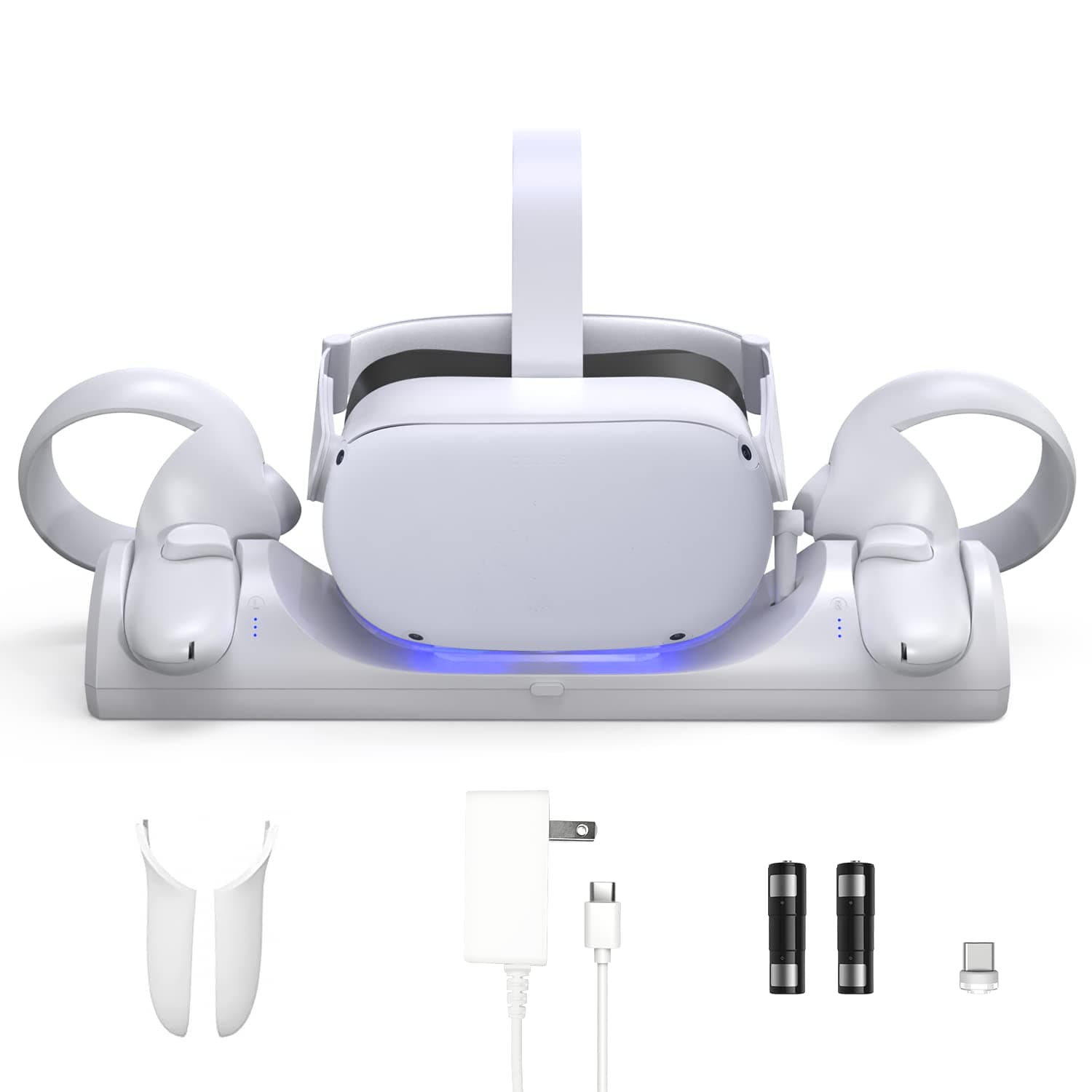 VR Charging Station for Oculus/Meta Quest 2,LED Indicator Charging Dock Simultaneously Magnetic Charging Headset and Touch Controller, with 2 Rechargeable Battery and USB-C Charger