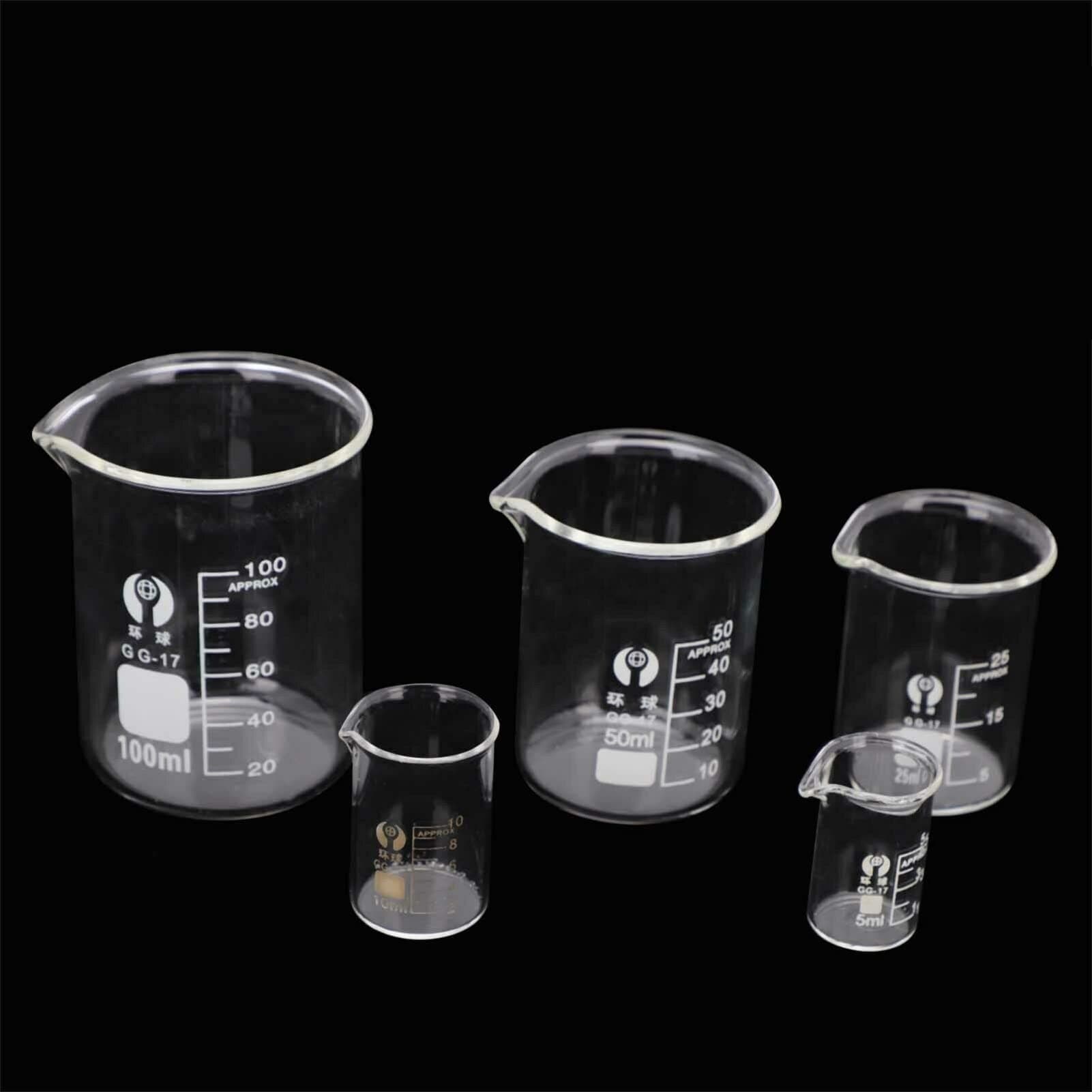 Mutiwill 5PCS Glass Beaker Set Transparent Low Activity Graduated Measuring Cup 5ml 10ml 25ml 50ml 100ml Borosilicate Graduated Beaker for Laboratory or Kitchen Supplies
