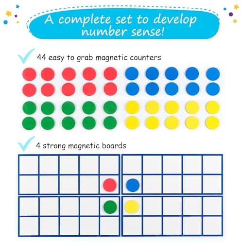 48 PCS Magnetic Ten Frames - Math Manipulatives for Elementary Classroom & Kindergarten - 4 Ten Frames & 44 Magnetic Math Counters for Kids, Math Games for Kindergarten - Jumbo Magnetic Ten Frame Set