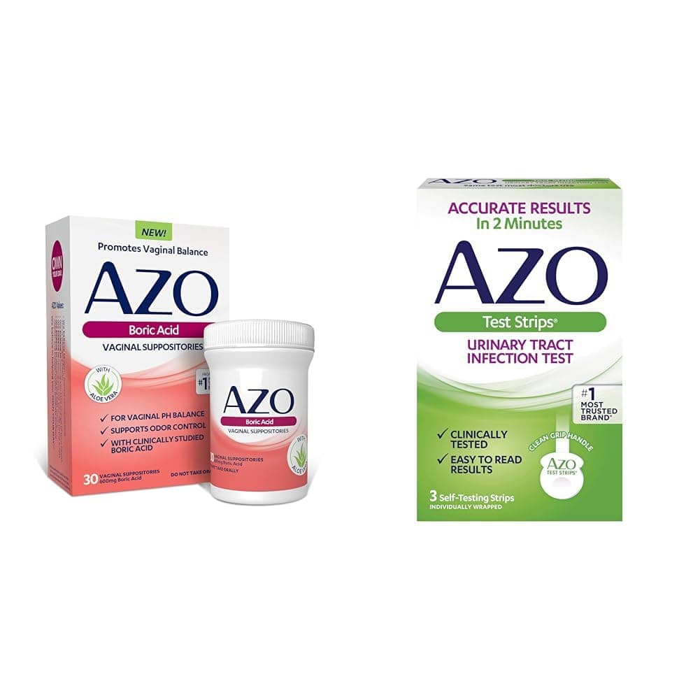 AZO Boric Acid Vaginal Suppositories Helps Support Odor Control and Balance Vaginal PH, 30 Count Urinary Tract Infection (UTI) Test Strips, Accurate Results in 2 Minutes, 3 Count