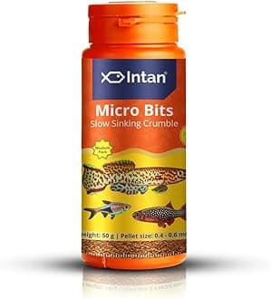Growel Intan Micro Bits (0.4-0.6mm Slow Sinking Crumble) | 50gm - Highly Nutritious Ornamental Fish Food for Small Mouths - Killifish, Tetras, Rasboras & Danios