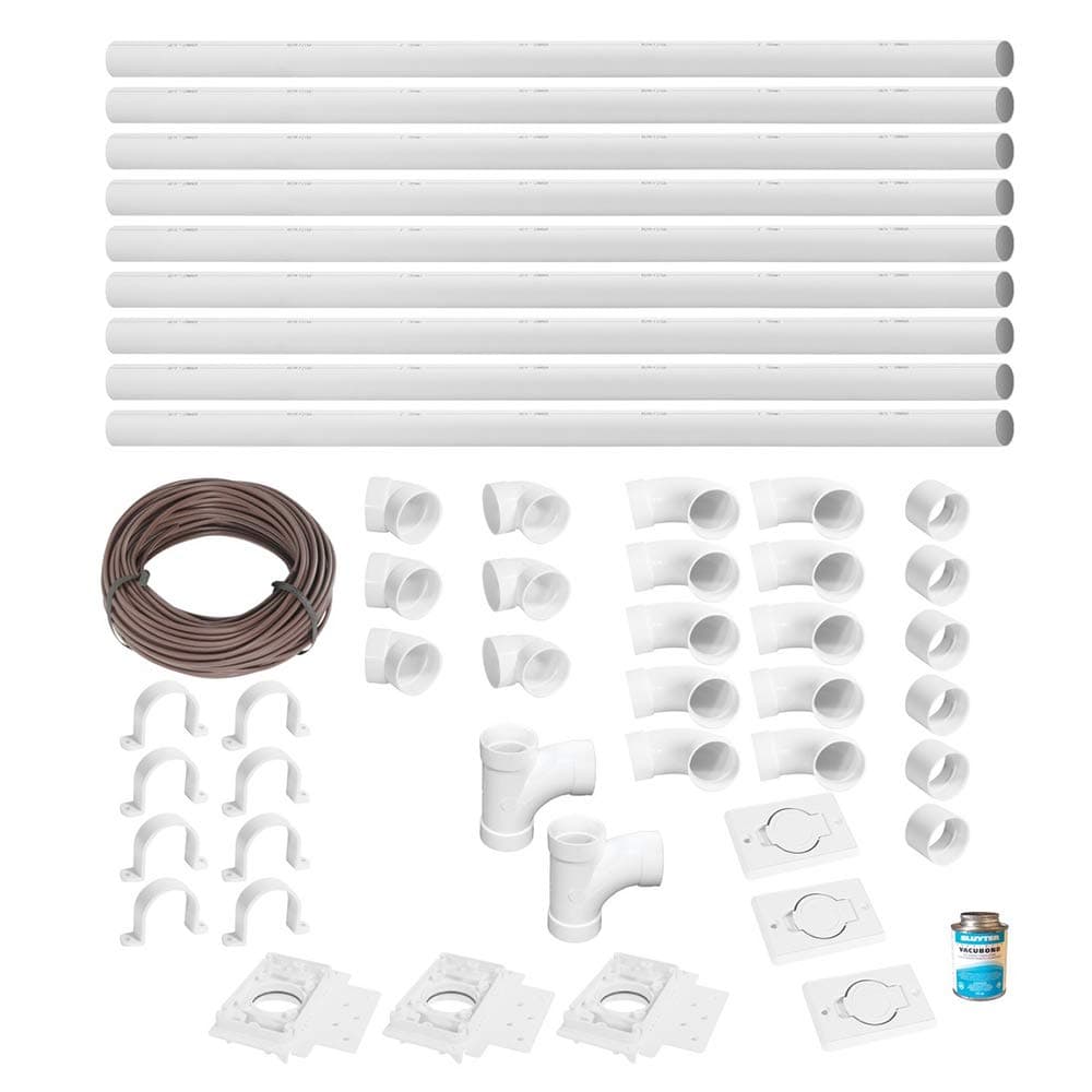 Complet Central Vacuum 3 inlets Installation kit with 48 ft PVC Pipe and Fittings Included, White (INST-3P-WH-NAD)