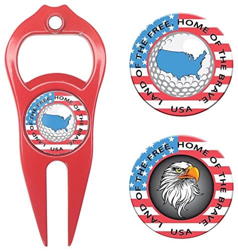 Hat Trick Openers 6-in-1 Golf Divot Tool & Poker Chip Marker Set with USA Logo, Red