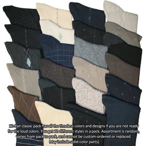Men's Dozen-Pack Cotton Dress Socks, Assorted Classics size 10-13