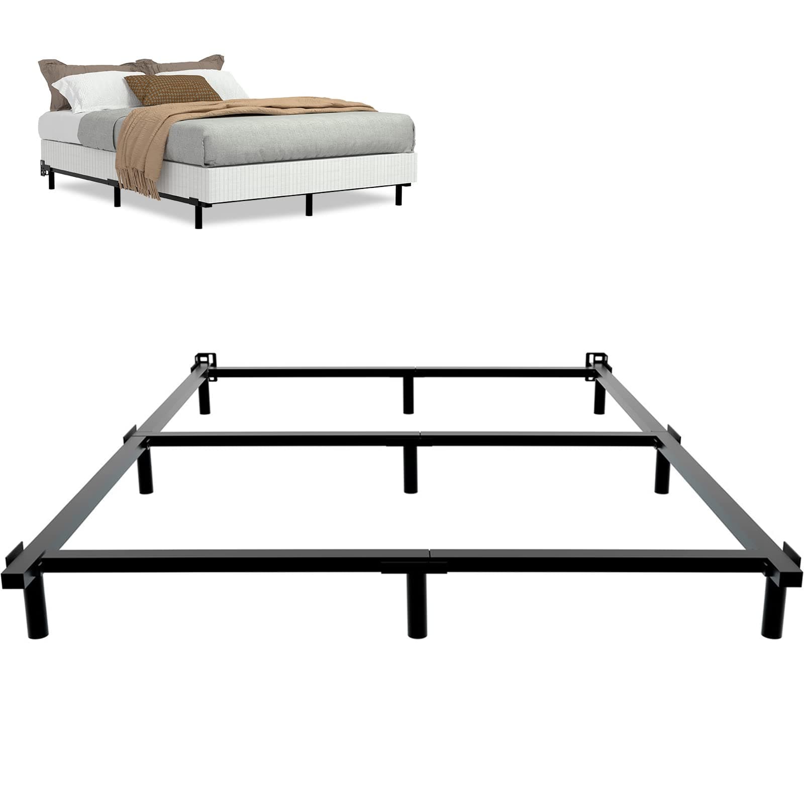 7 Inch King Size Metal Bed Frame for Box Spring and Mattress 9-Leg Base Heavy Duty Bed Frame Tool-Free Easy Assembly Box Spring Base Black