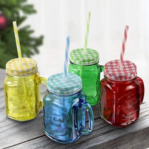 Avvic Mart Mason Jar with Handle, Mason Jar with Multi Colored Lid and Straw, Random Colored and Design, 450 ML, Set of 3 Piece