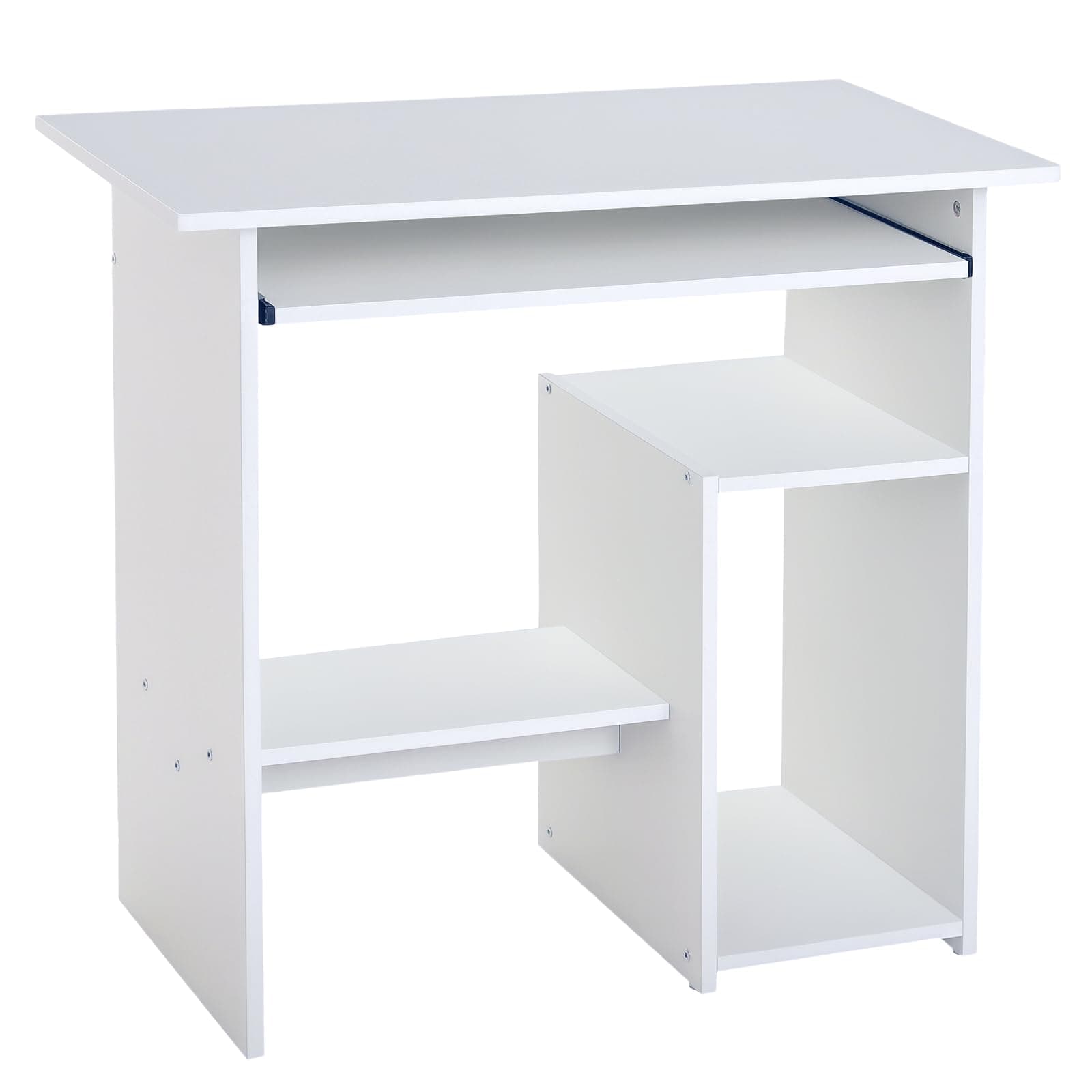 HOMCOM Compact Small Computer Table Wooden Desk Keyboard Tray Storage Shelf Modern Corner Table Home Office White