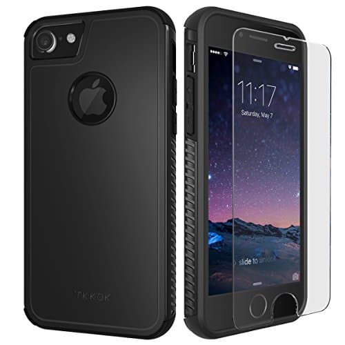 TKKOK iPhone 7 case, Slim Dual Layer Heavy Duty Rugged Scratch-Resistant Shockproof Non-Slip Grip Protective Case Cover [Tempered Glass Screen Protector Included] for iPhone 7-Black