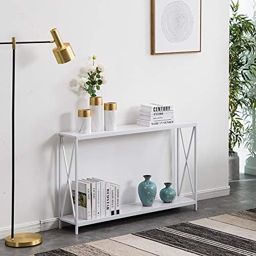 Miyahome 2 Tier X Design Console Table, Wood Sofa Side Table with Storage Shelf Entry Hall Table Accent Table Bookshelf Bookcase Furniture for Living Room Entryway, 47.3×9×29 inches, White