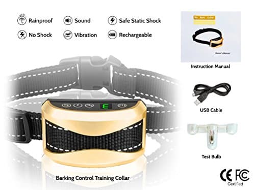 Bark Collar To Stop Dogs Barking: Humane Harmless USB Rechargeable, Beep Sound Vibration Shock-No Shock Option, 2018 Upgrade Batteries Included, Great for Training Puppies, Small Medium Large Breeds