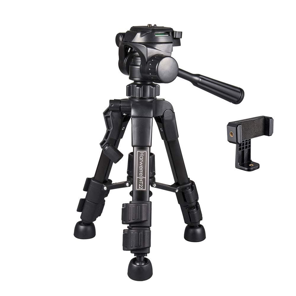 Mini Tripod - Harwerrel Tabletop Desktop Travel Tripod with 3-Way Pan Head Aluminum Legs Lightweight Portable for DSLR Camera Smartphones DV Projector Spotting Scope (with Free Phone Holder) (Black)