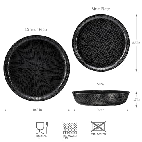 bzyoo 12 Piece Melamine Dinnerware Set - Durable, Dishwasher Safe Black Plates and Bowls - Casual Dining, Parties, Camping Dish Set Mono Black Collection