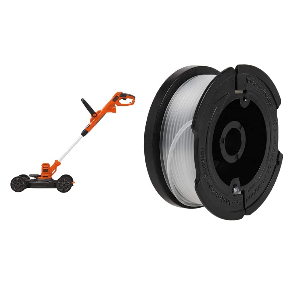 BLACK+DECKER Electric Lawn Mower with Trimmer Line Replacement Spool, Autofeed 30 ft, 0.065-Inch, 2-Pack (BESTA512CM & AF100-2)