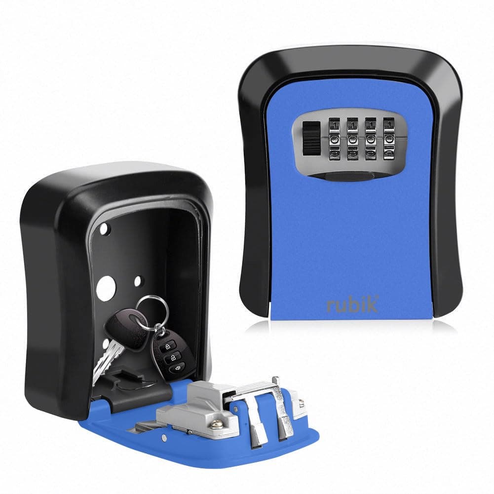 Rubik Key Storage Safe Box, 4 Digits Combination Key Lock Box with Resettable Wall Mounted for Outdoor and Indoor Home Hotel Office - Black/Blue