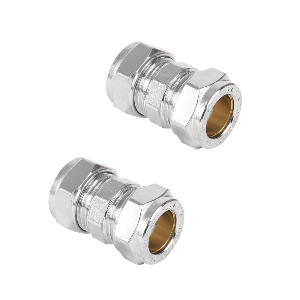 NPH PLUMBING & HEATING 15mm Chrome Plated Compression Straight Pipe Connectors for Copper Pipe - Pack of 2