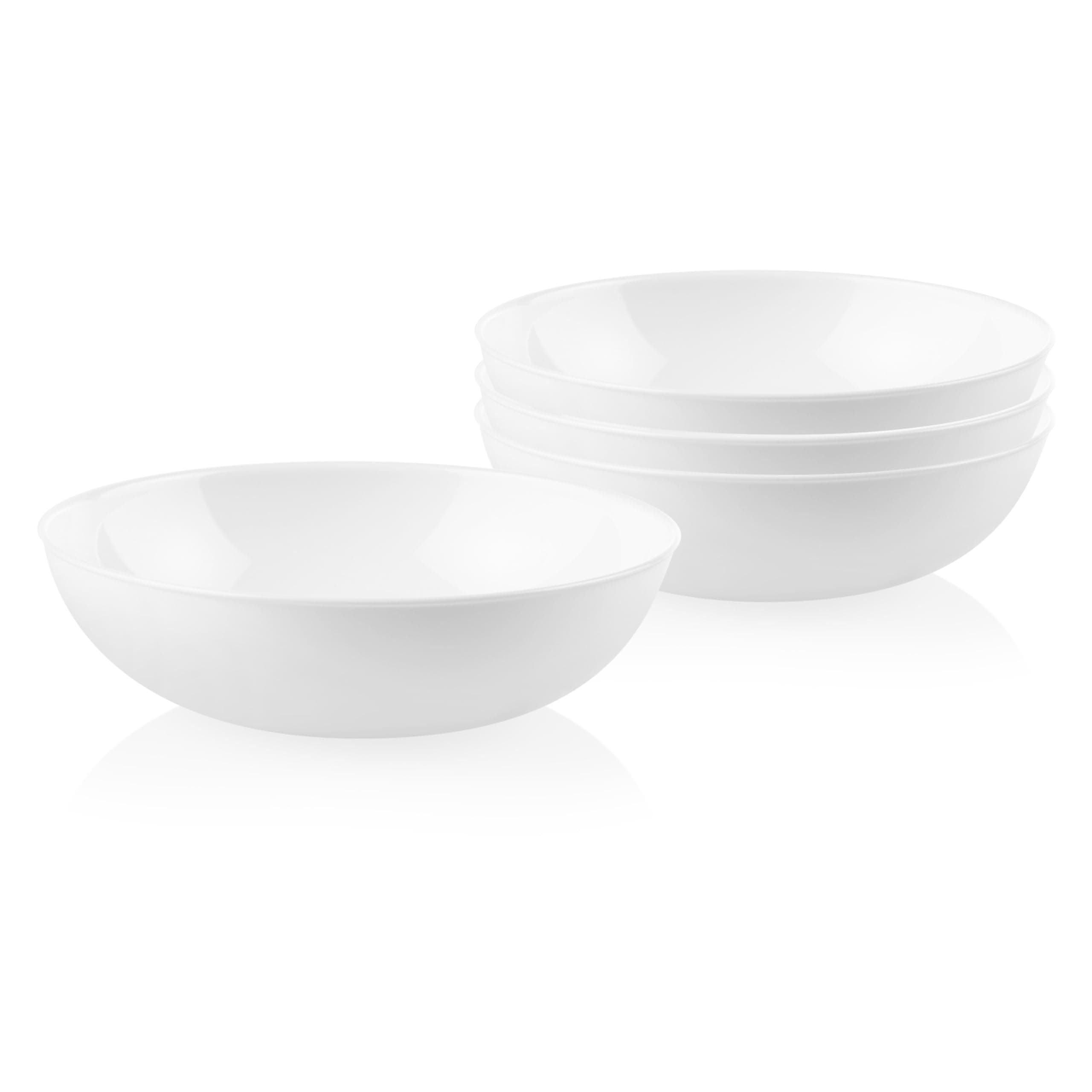 4-Pc Meal Bowls Set Service for 4, Durable and Eco-Friendly 9-1/4-Inch Glass Bowls, Compact Stack Bowl Set, Microwave and Dishwasher Safe, White, 46 Ounces